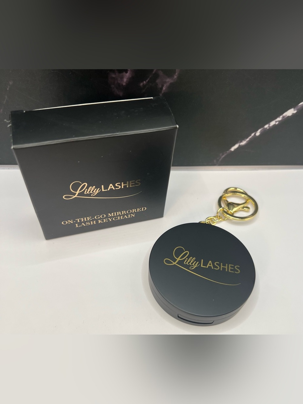 Lilly Lashes On-The-Go Mirrored Lash Keychain - Black & Gold Lashes not included